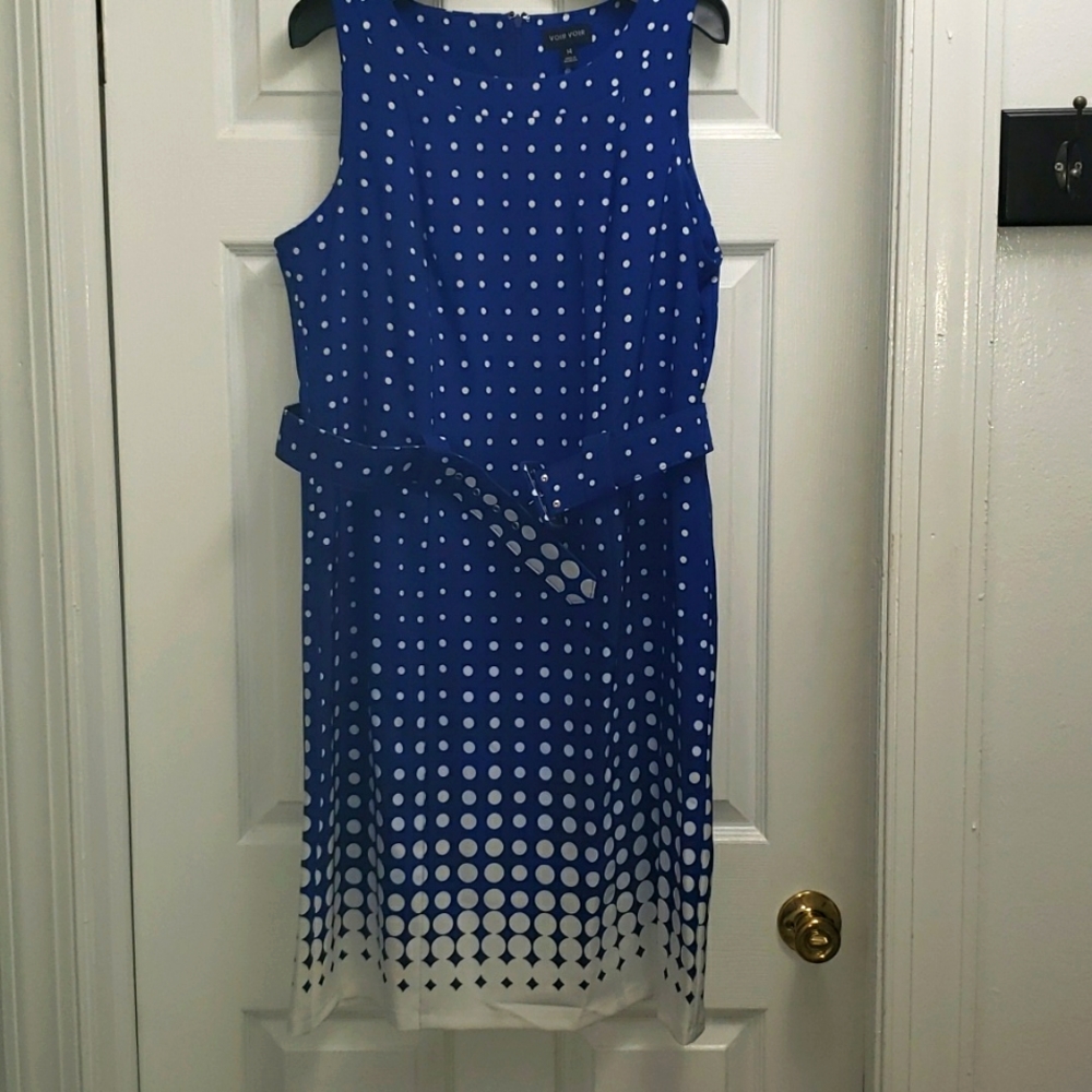 NWOT Voir Voir Royal Blue/White Belted Polka Dot Dress- Size XL